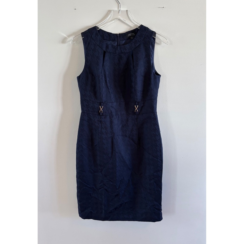 Tahari Arthur S Levine Navy Blue Houndstooth Jacquard Sheath Dress Size 8